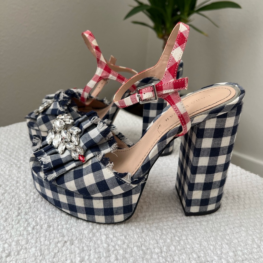 Zara Navy and White Gingham Platform Sandals with Red Check Straps